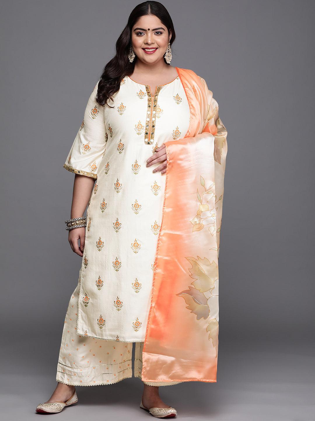 Plus Size Cream Printed Silk Blend Suit Set - ShopLibas