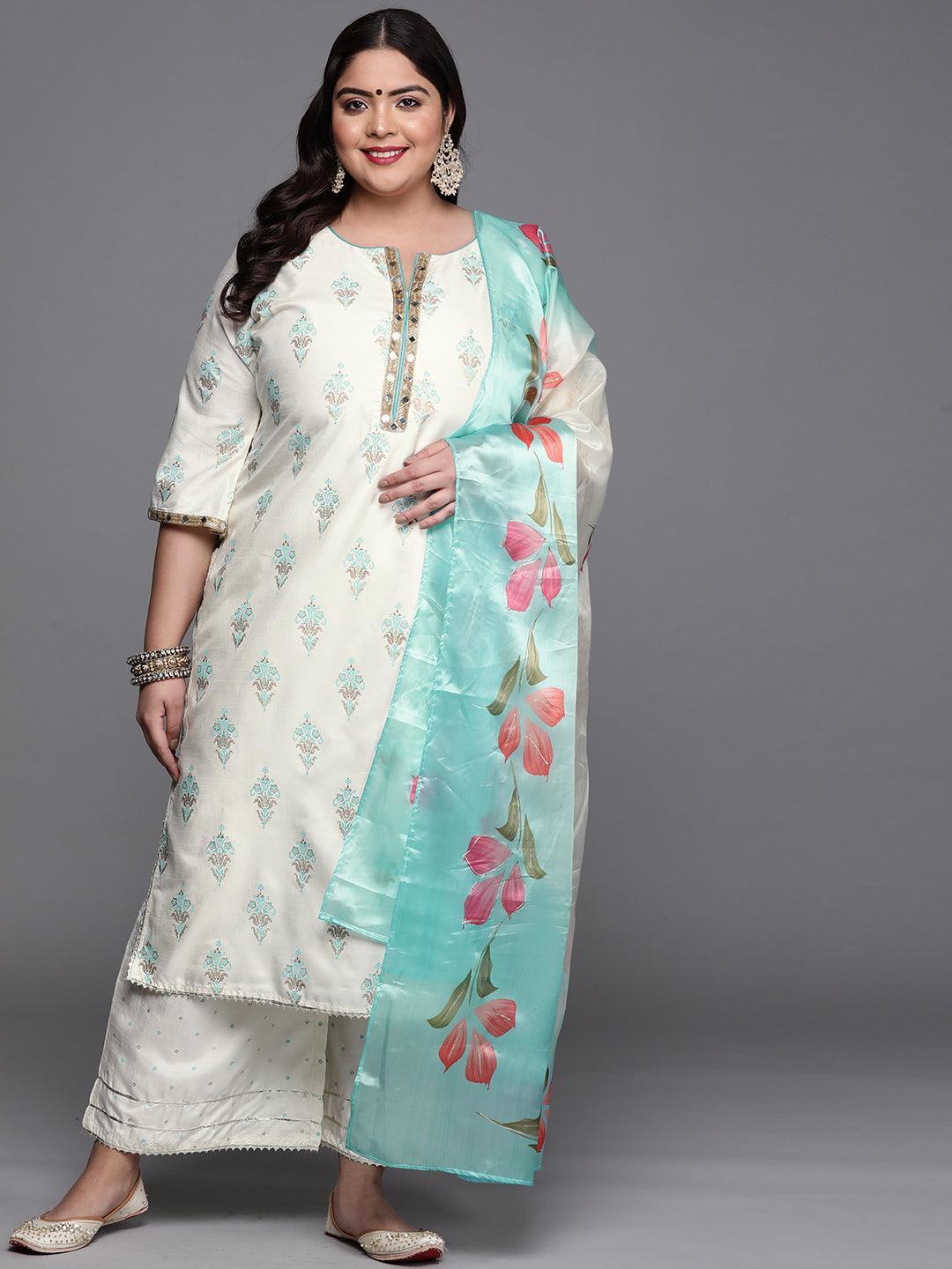 Plus Size Cream Printed Silk Blend Suit Set