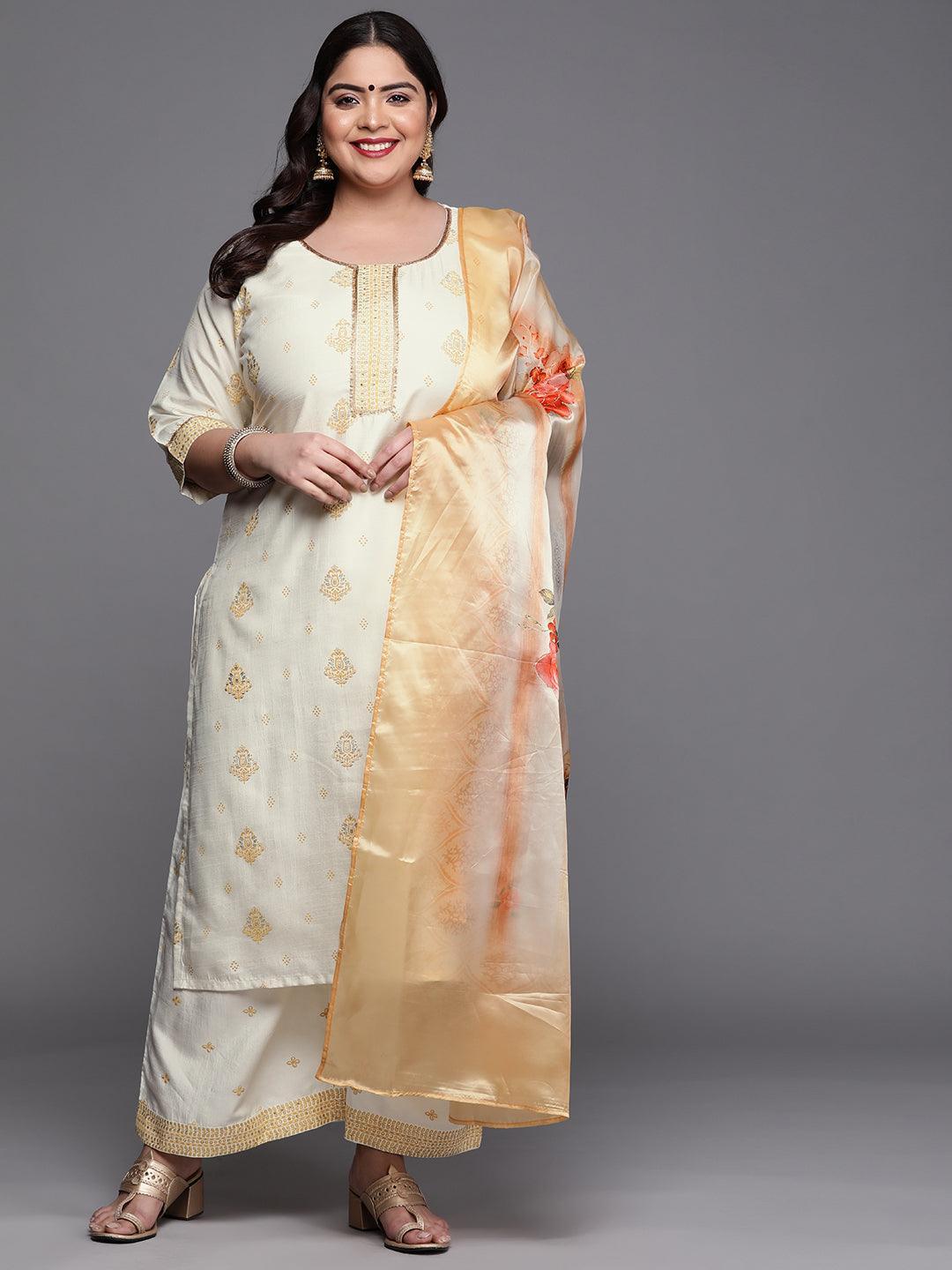 Plus Size Cream Printed Silk Blend Suit Set