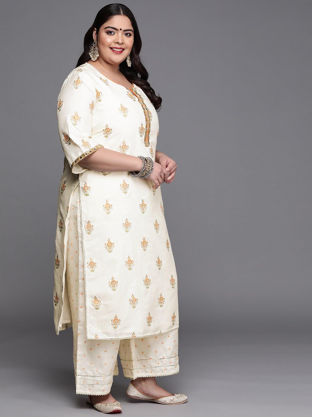 Plus Size Cream Printed Silk Blend Suit Set