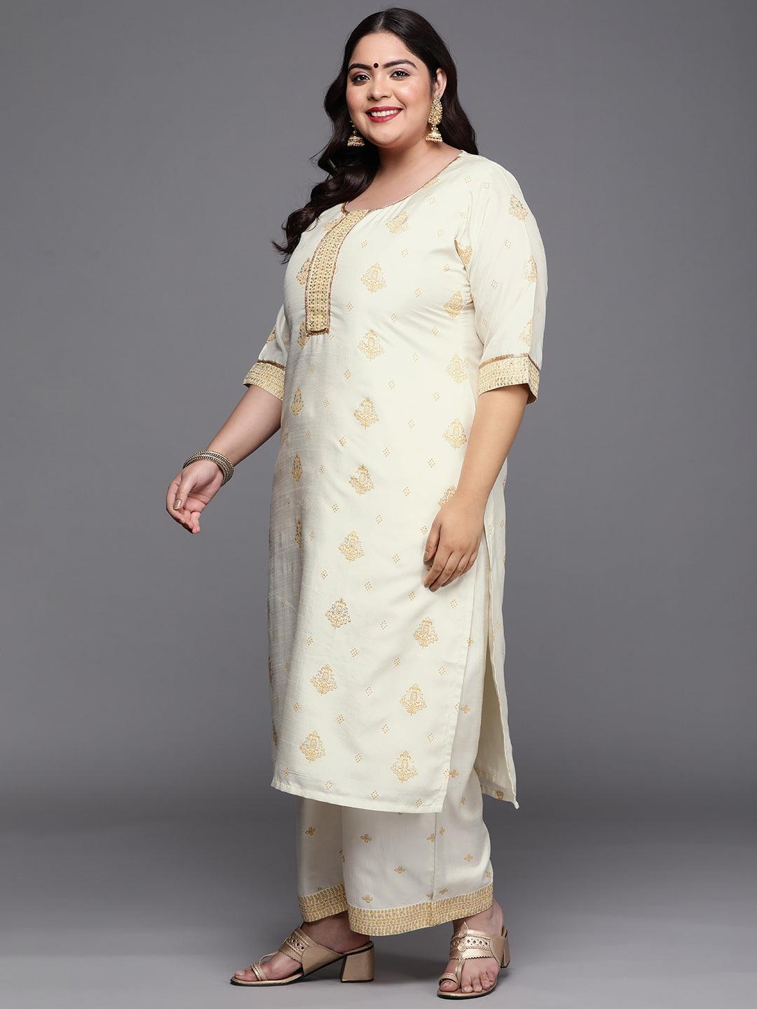 Plus Size Cream Printed Silk Blend Suit Set