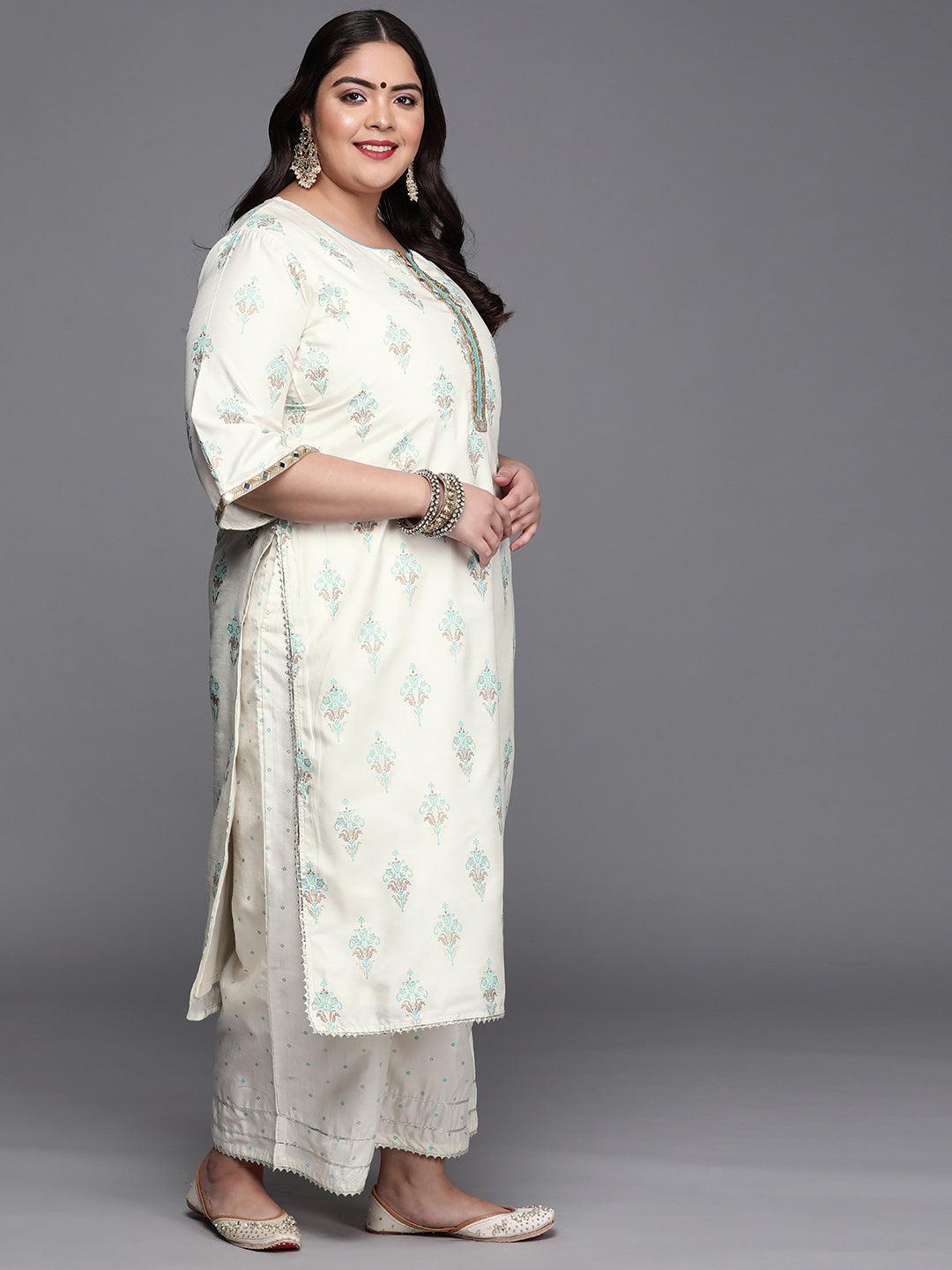 Plus Size Cream Printed Silk Blend Suit Set