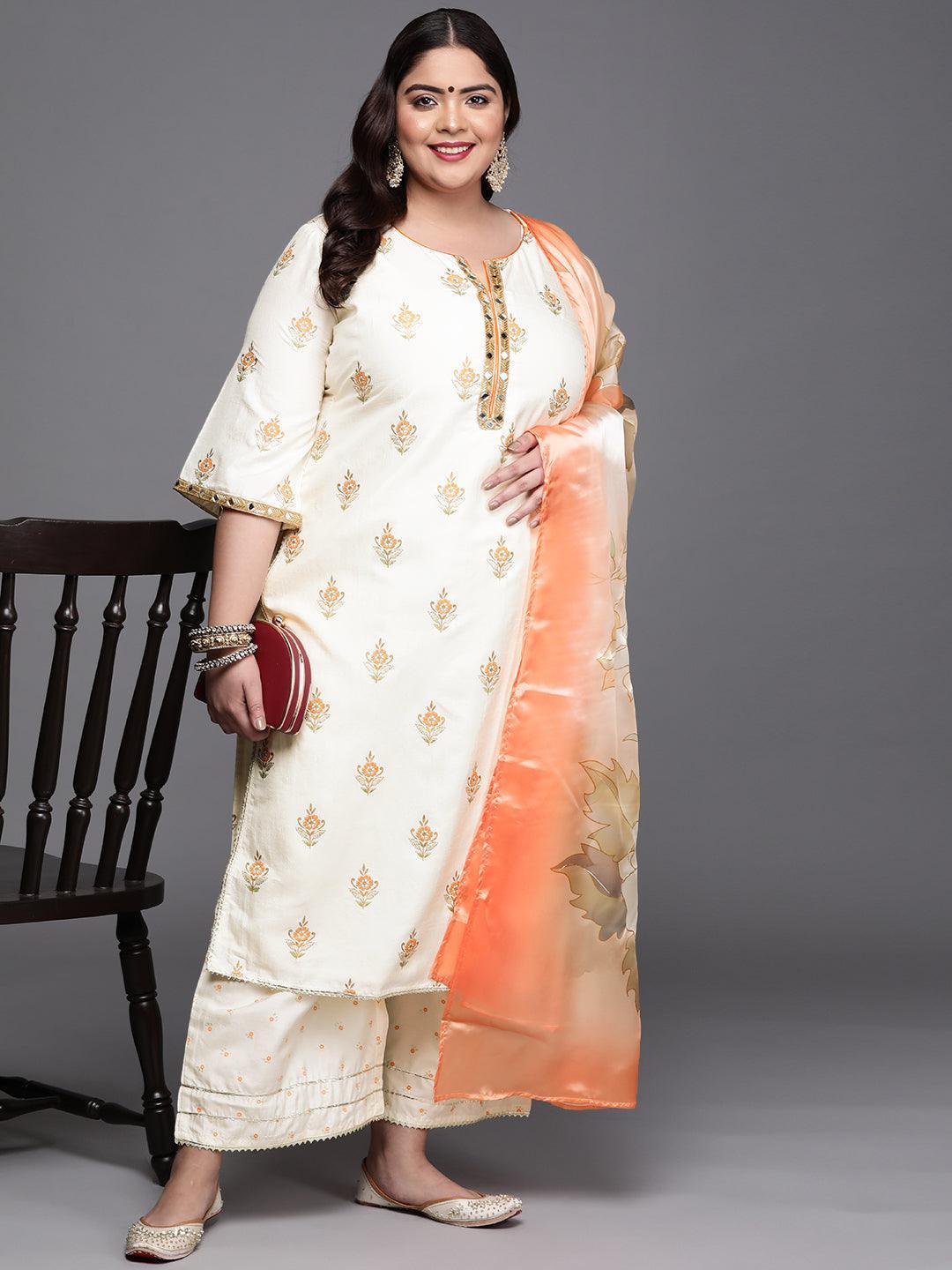 Plus Size Cream Printed Silk Blend Suit Set