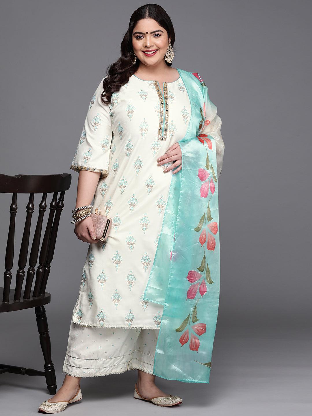 Plus Size Cream Printed Silk Blend Suit Set