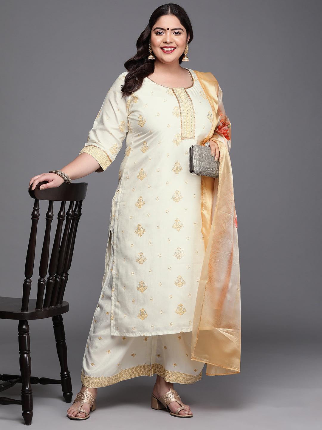 Plus Size Cream Printed Silk Blend Suit Set