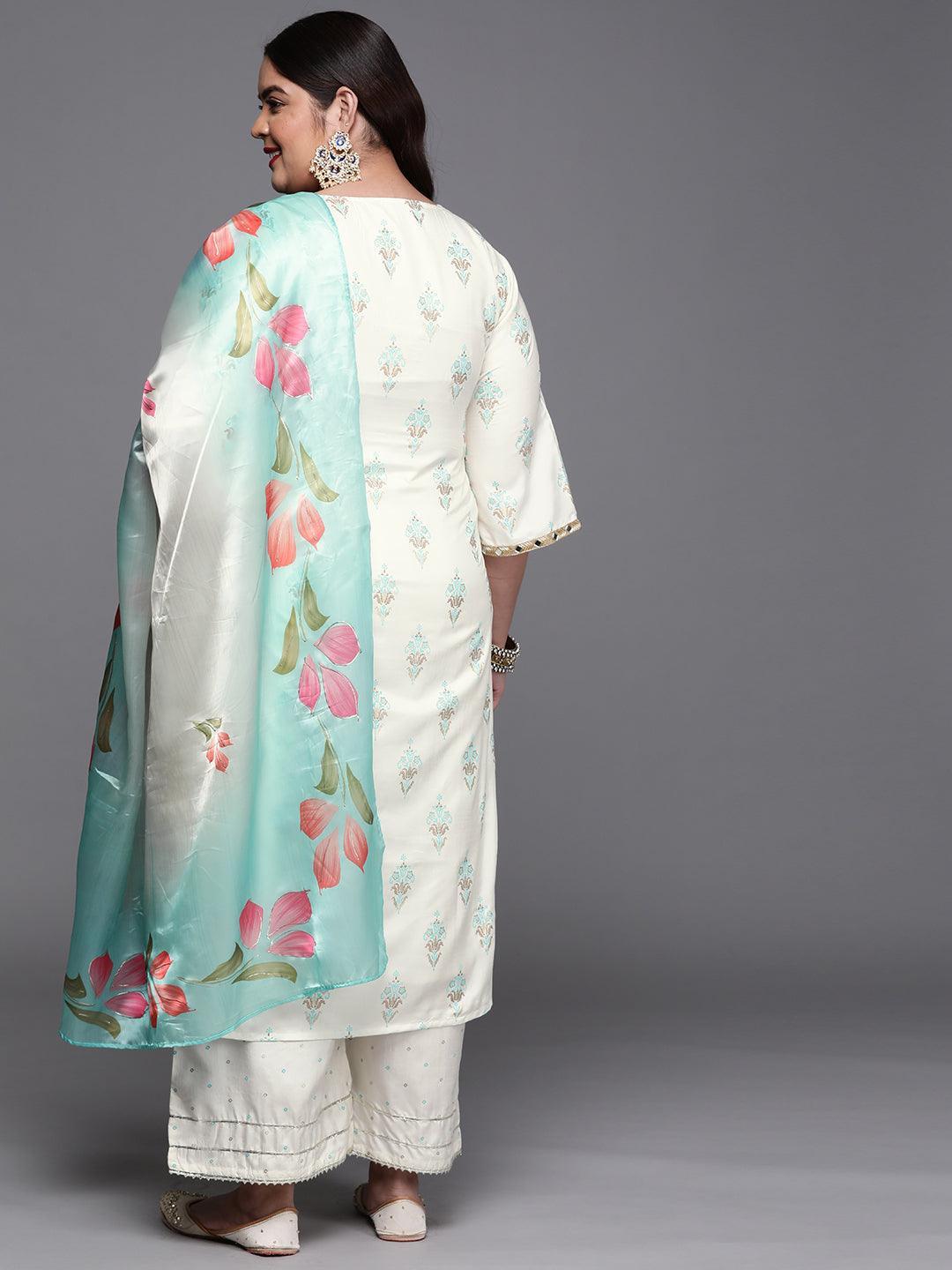 Plus Size Cream Printed Silk Blend Suit Set