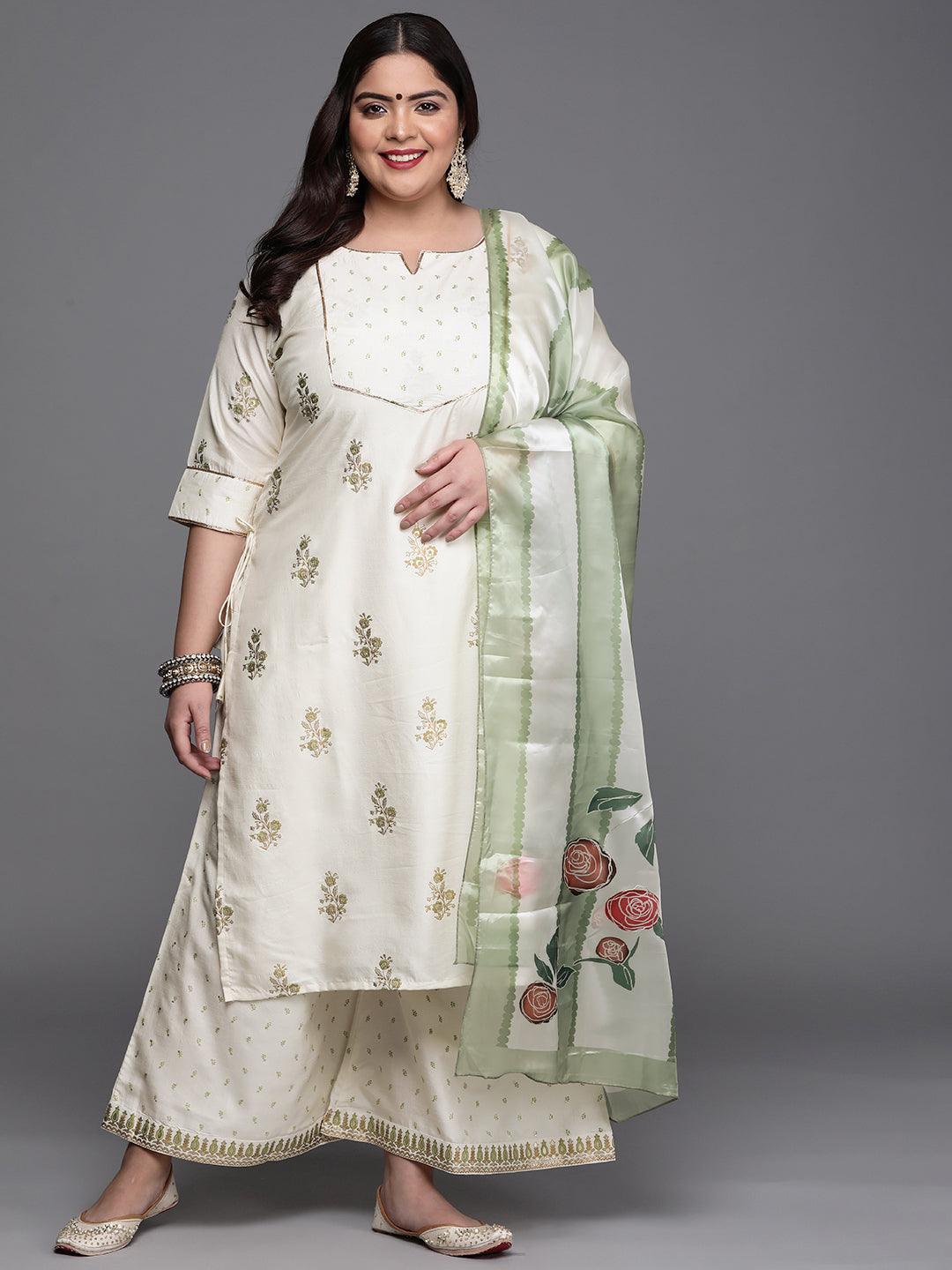 Plus Size Cream Yoke Design Silk Blend Suit Set