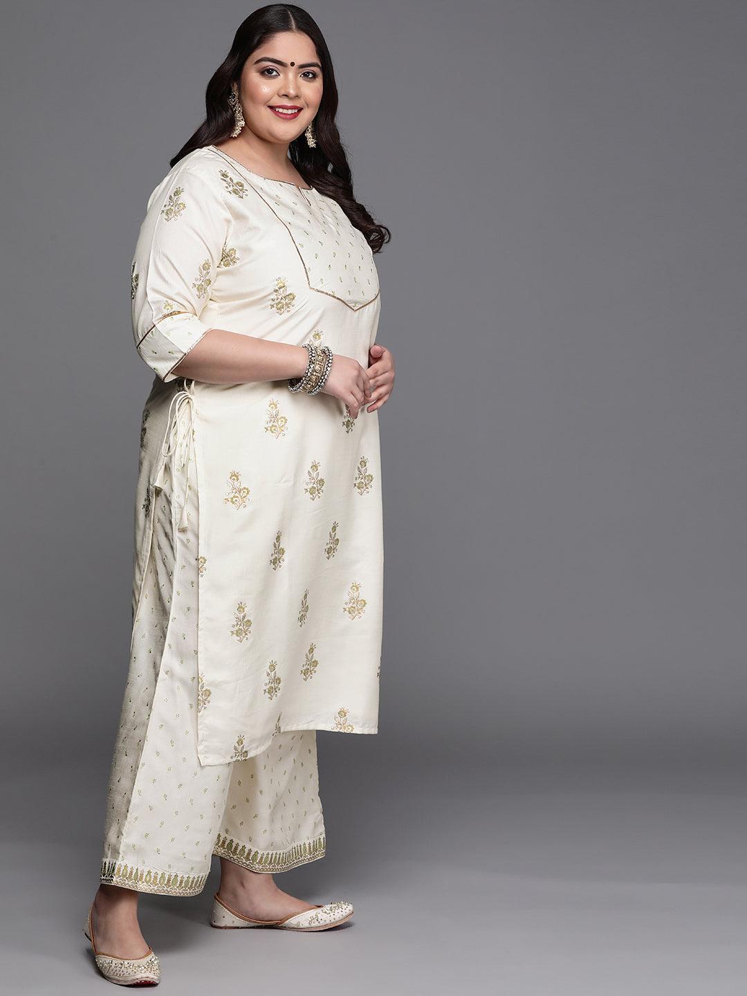 Plus Size Cream Yoke Design Silk Blend Suit Set