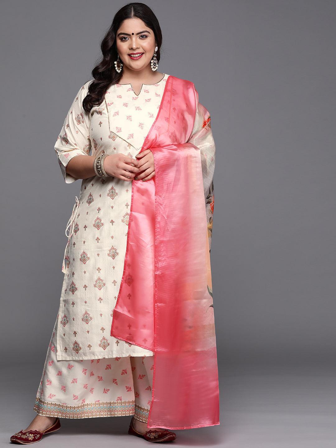 Plus Size Cream Yoke Design Silk Blend Suit Set