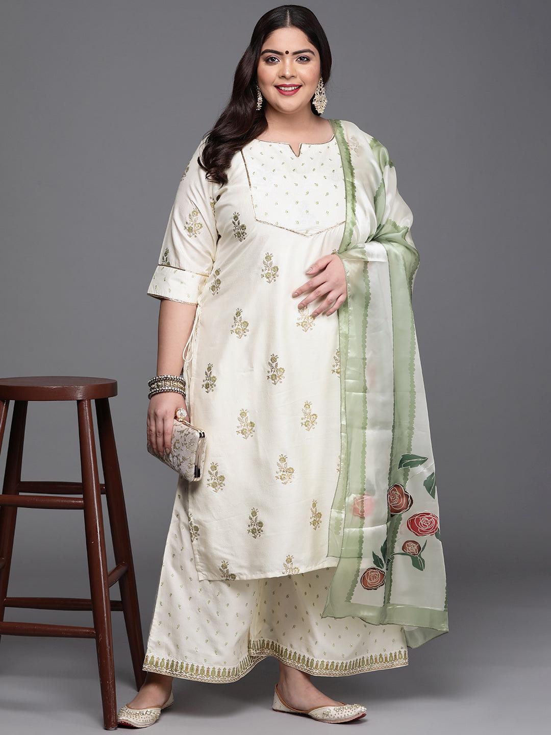 Plus Size Cream Yoke Design Silk Blend Suit Set