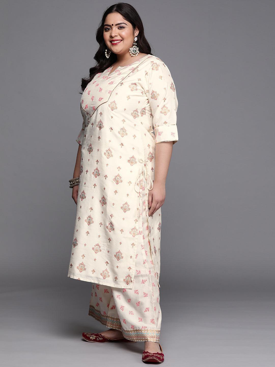 Plus Size Cream Yoke Design Silk Blend Suit Set