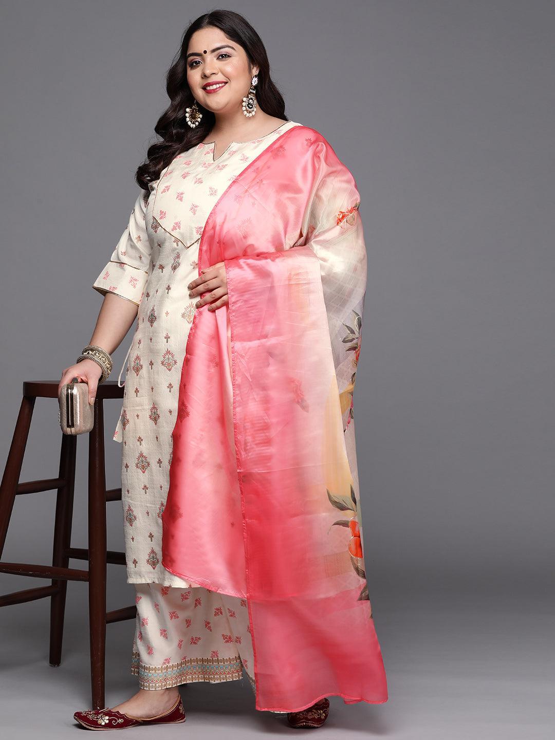 Plus Size Cream Yoke Design Silk Blend Suit Set