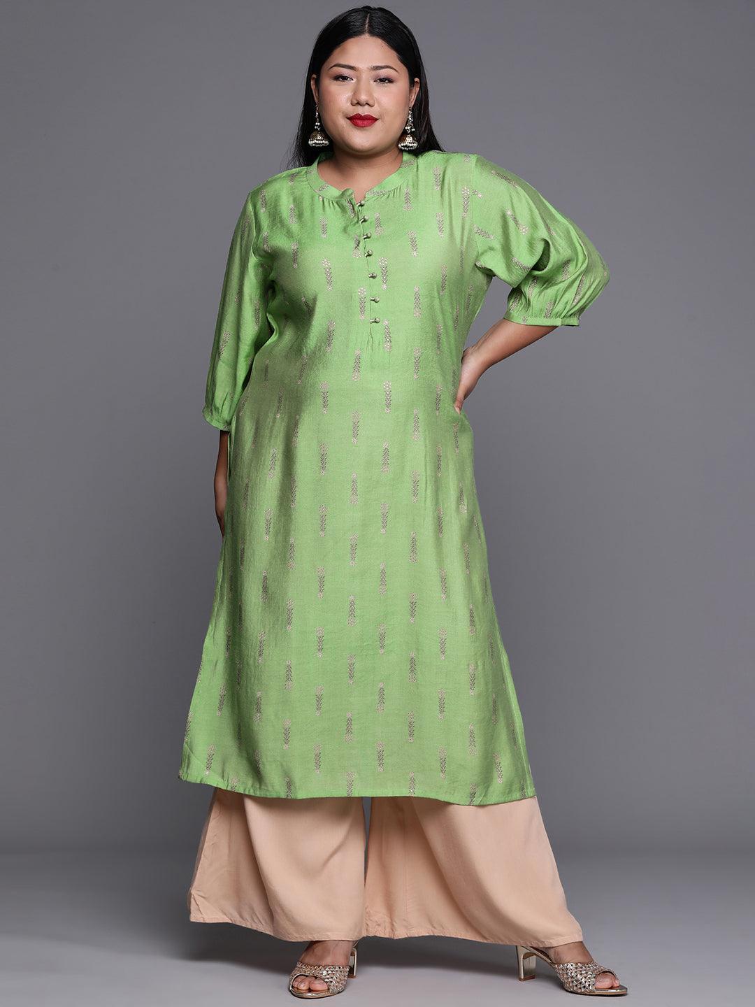 Plus Size Green Printed Chanderi Silk Kurta