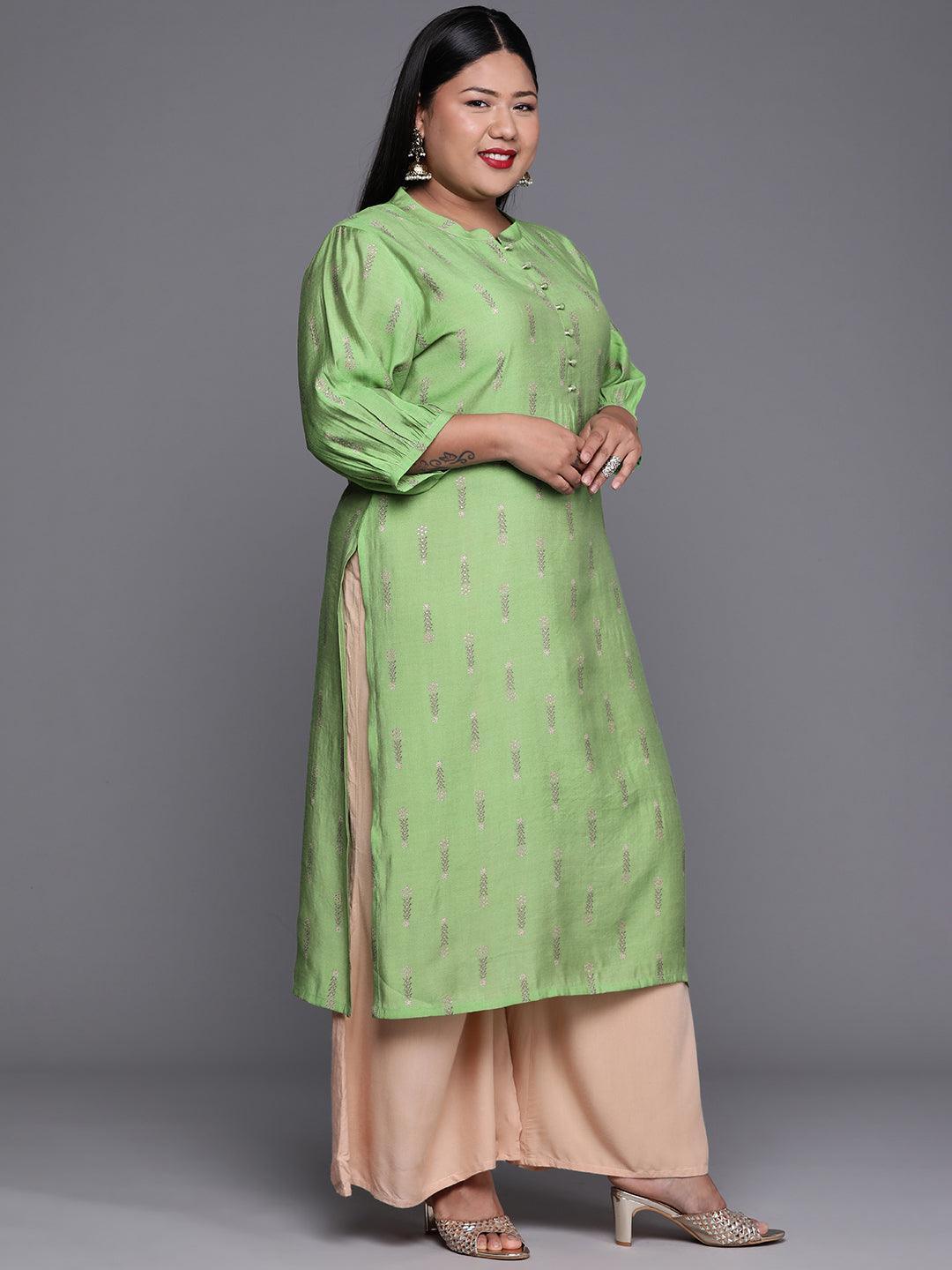 Plus Size Green Printed Chanderi Silk Kurta