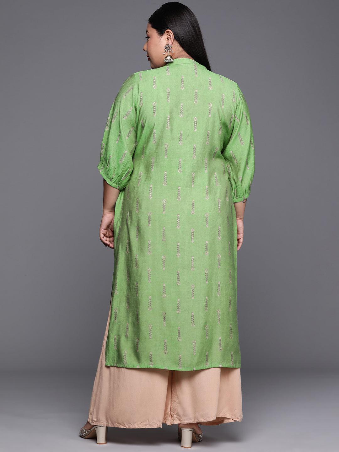 Plus Size Green Printed Chanderi Silk Kurta