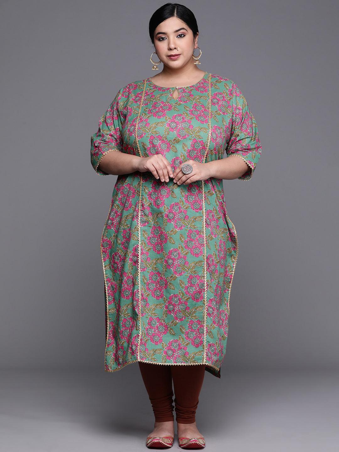 Plus Size Green Printed Cotton Kurta