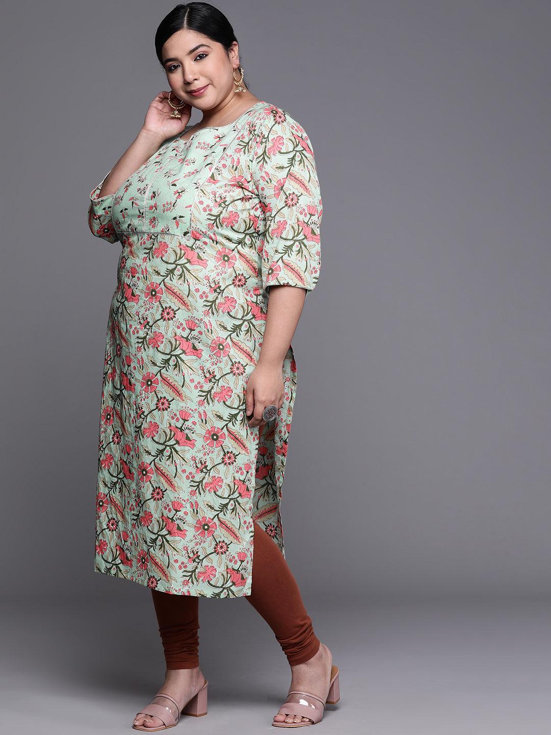 Plus Size Green Printed Cotton Kurta