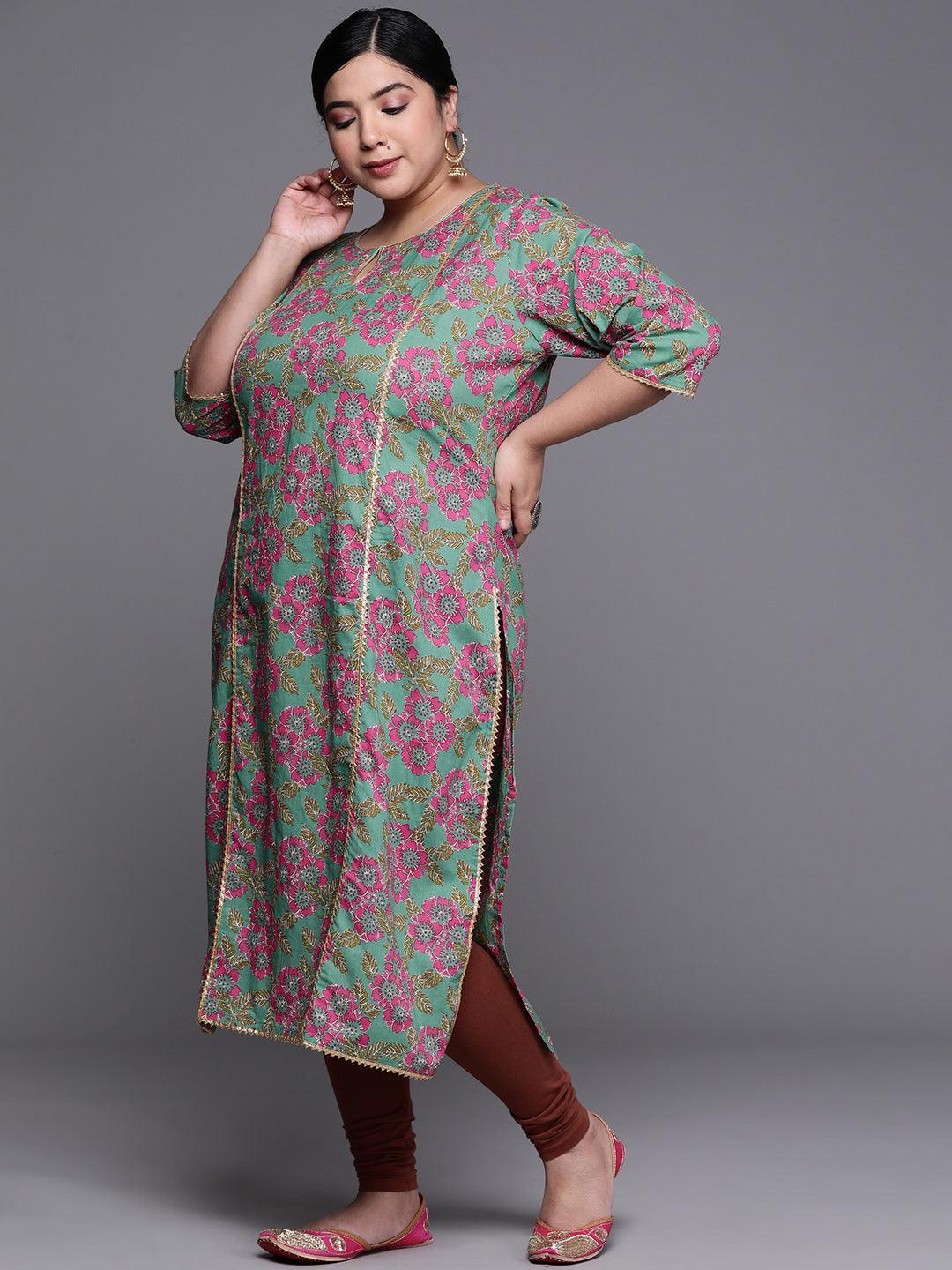 Plus Size Green Printed Cotton Kurta