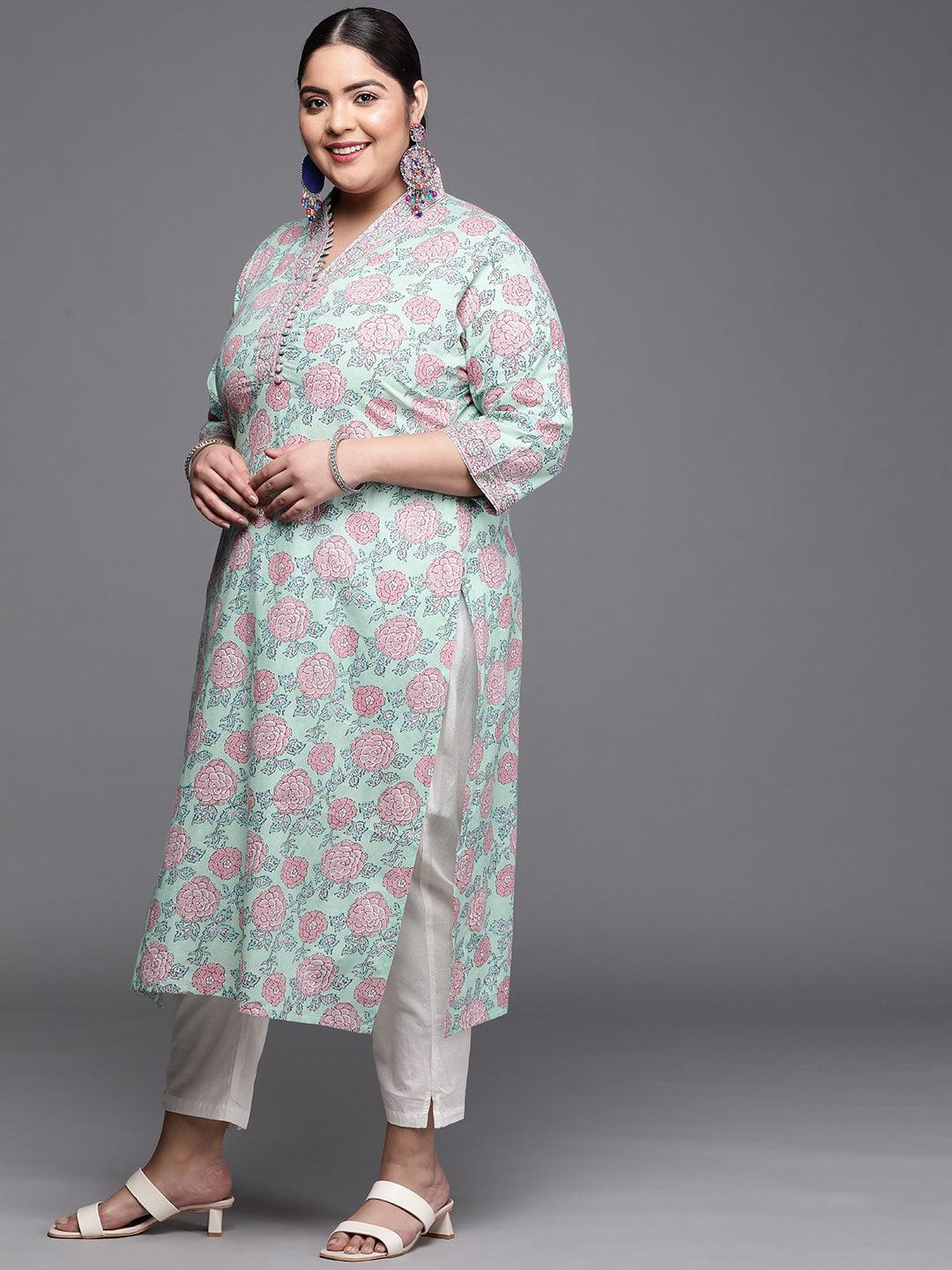 Plus Size Green Printed Cotton Kurta