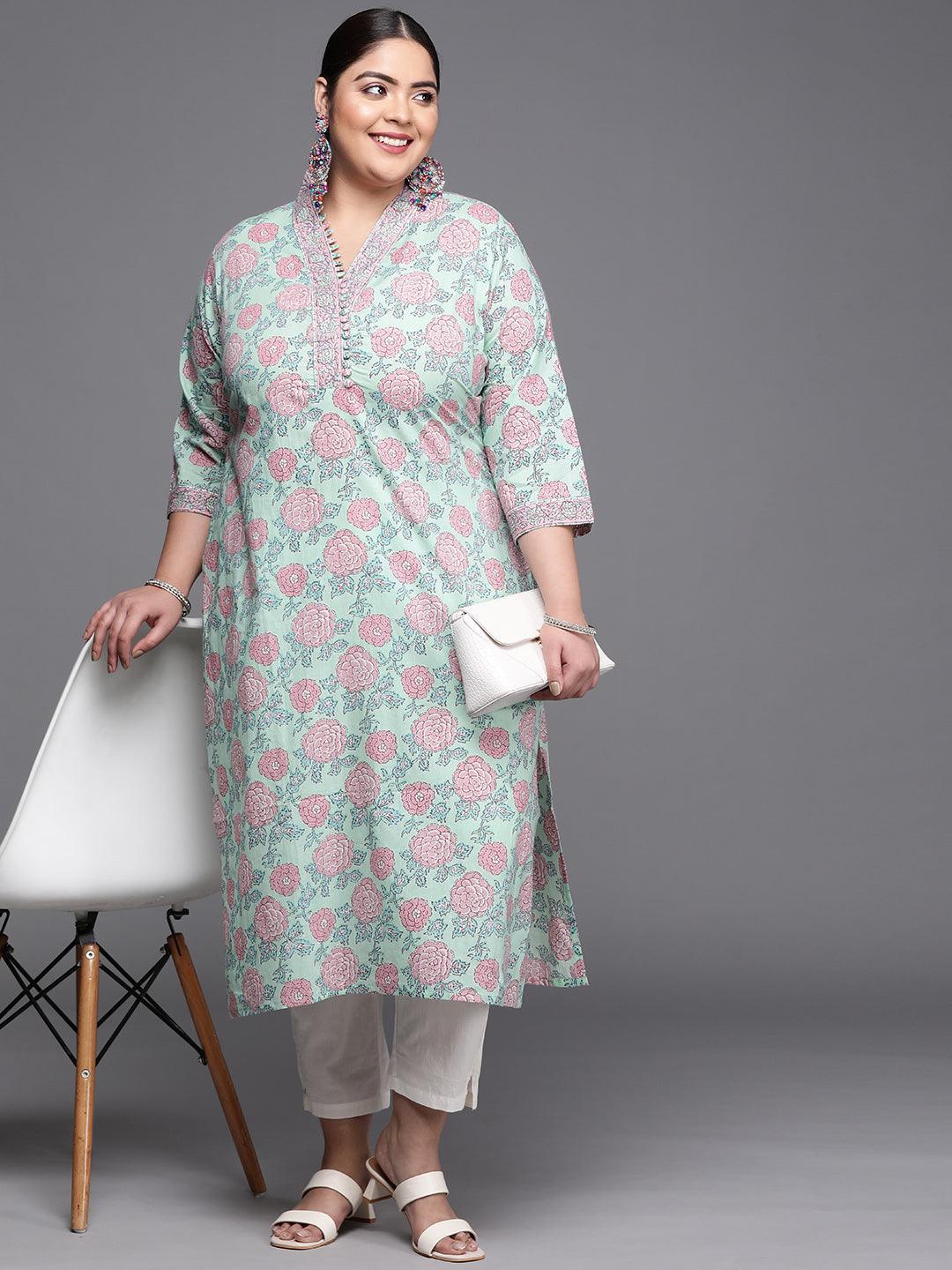 Plus Size Green Printed Cotton Kurta