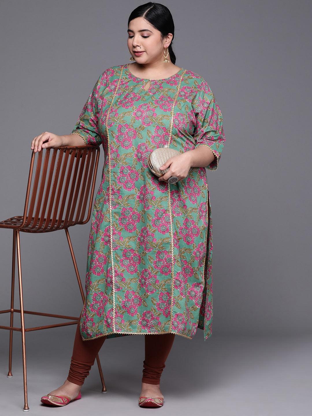 Plus Size Green Printed Cotton Kurta