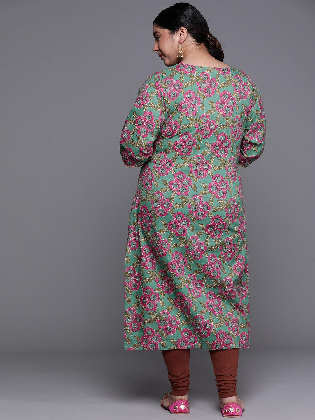 Plus Size Green Printed Cotton Kurta