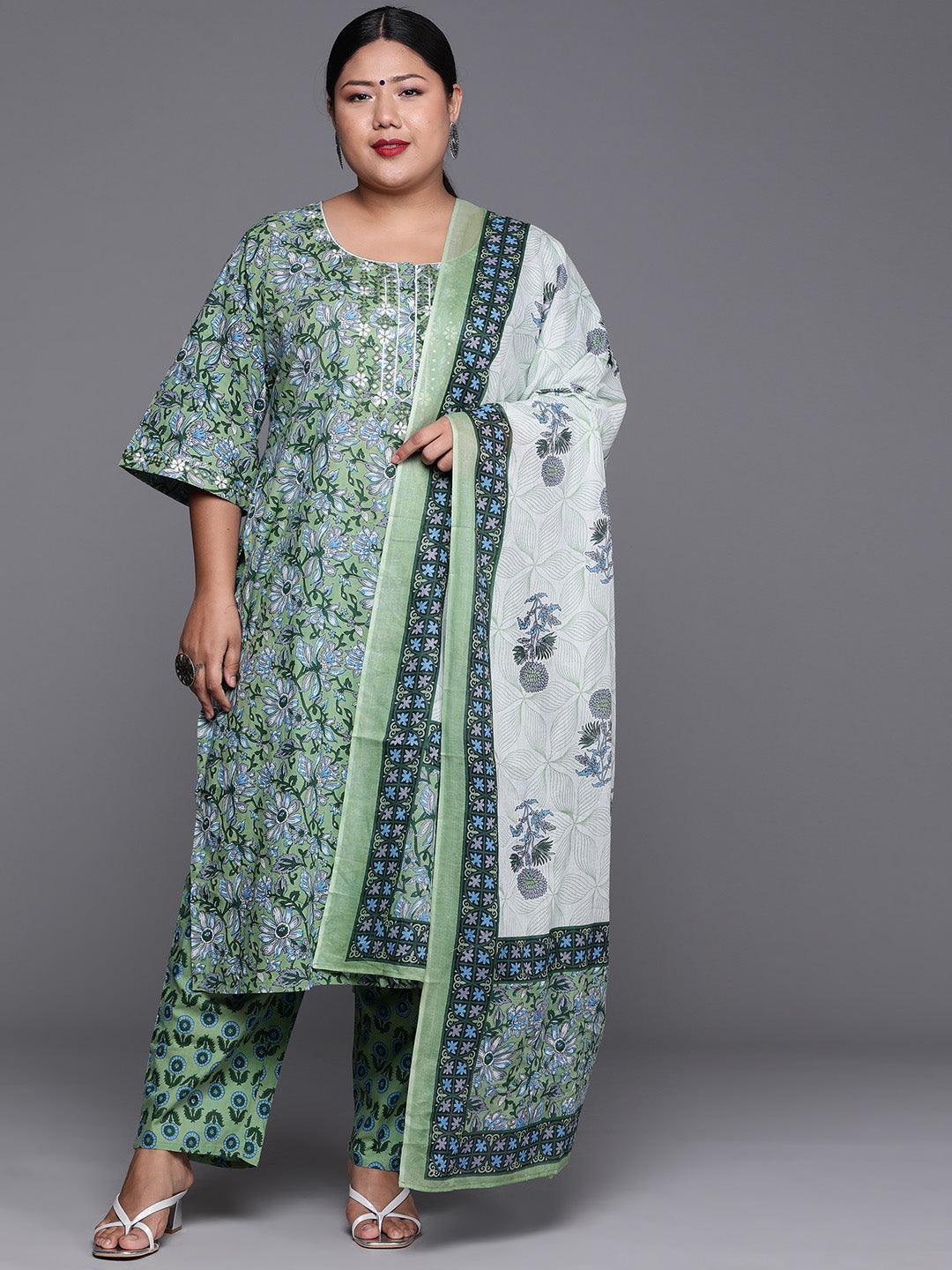 Plus Size Green Printed Cotton Straight Kurta With Dupatta