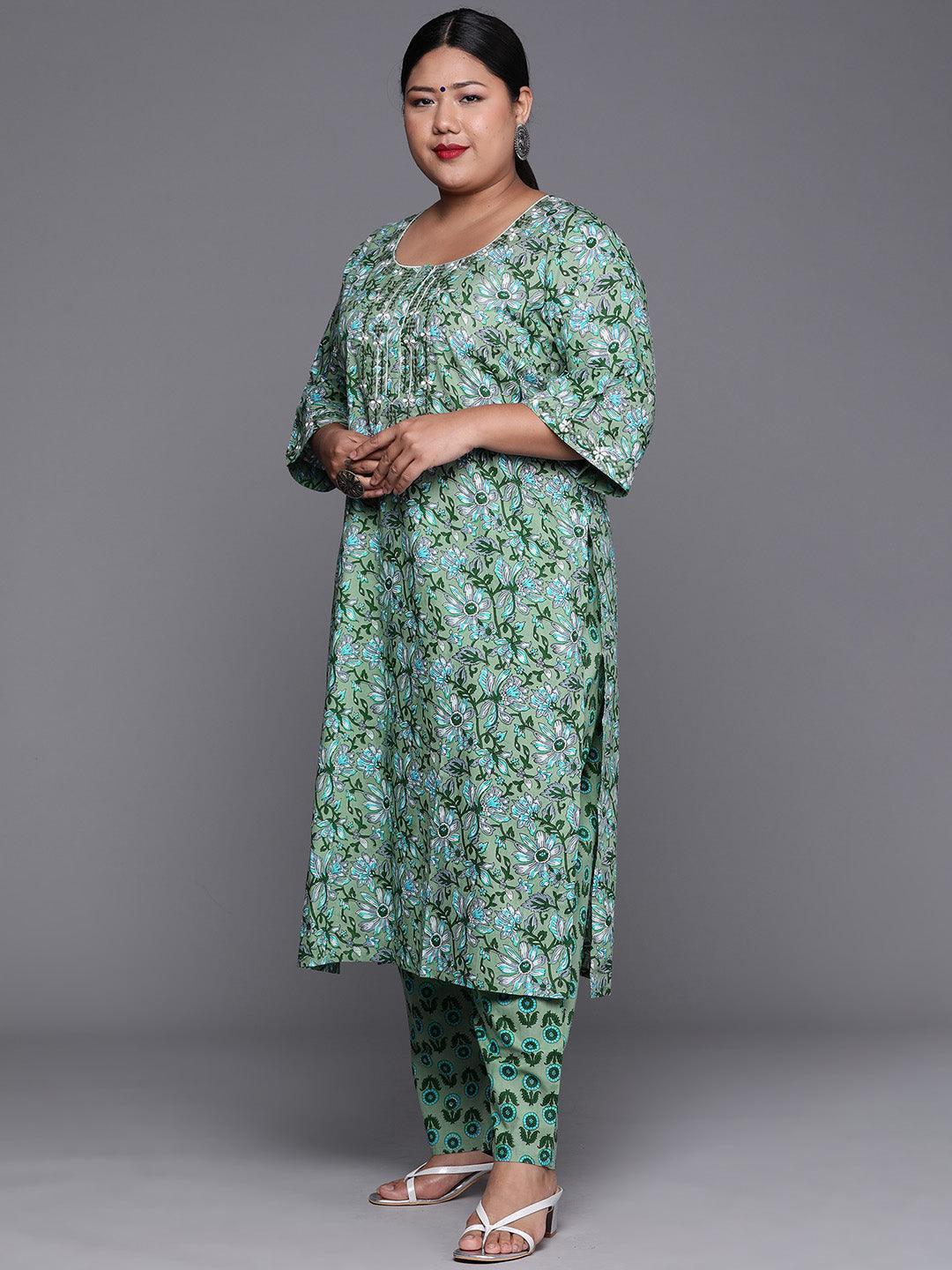 Plus Size Green Printed Cotton Straight Kurta With Dupatta