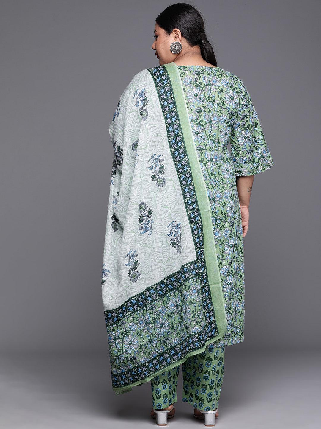 Plus Size Green Printed Cotton Straight Kurta With Dupatta