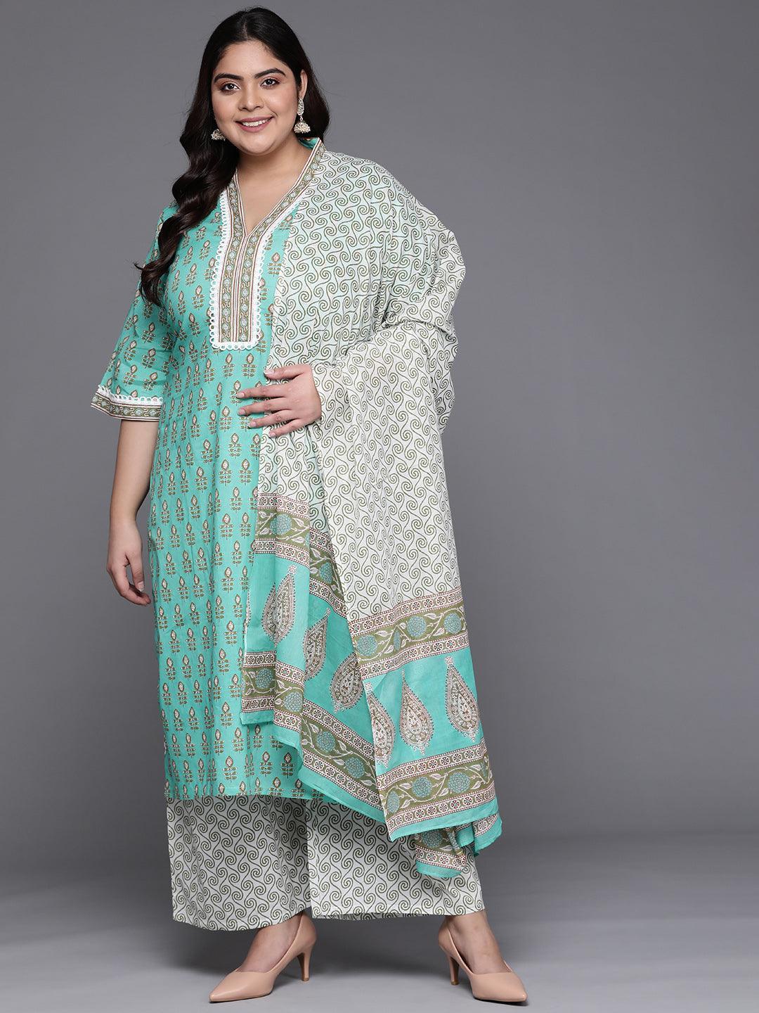 Plus Size Green Printed Cotton Straight Kurta With Palazzos & Dupatta