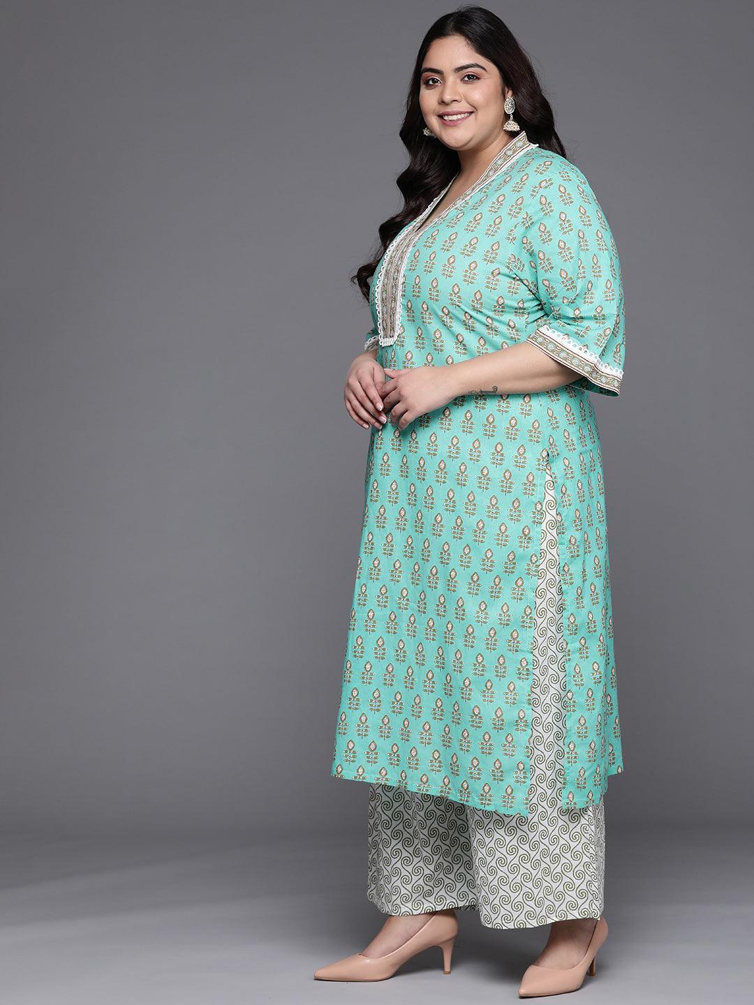 Plus Size Green Printed Cotton Straight Kurta With Palazzos & Dupatta