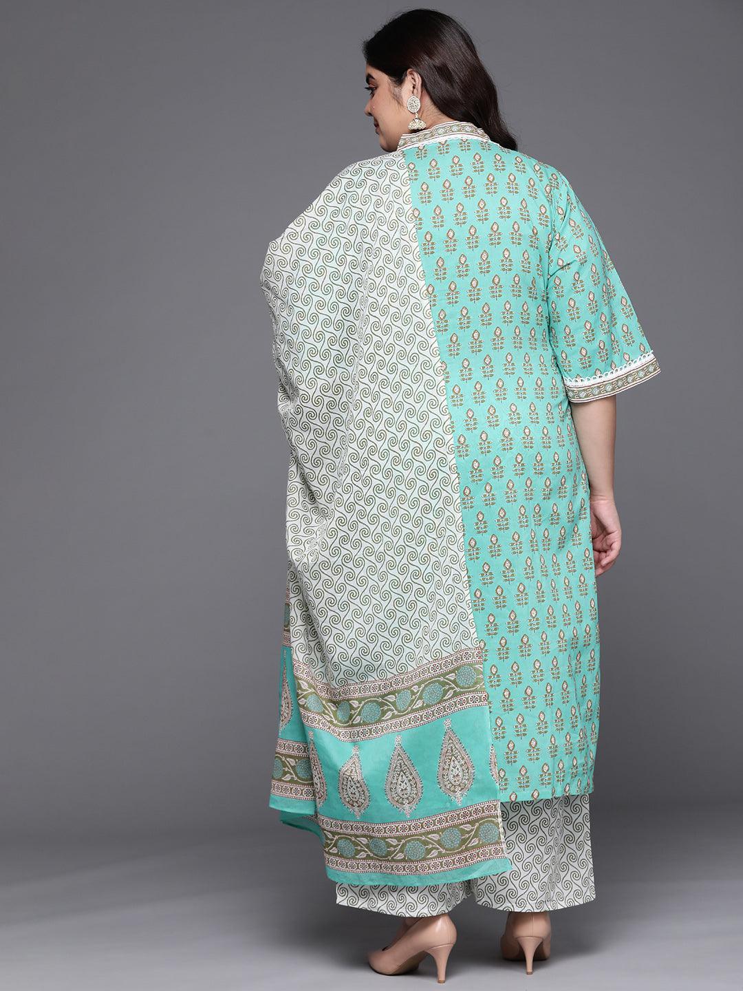 Plus Size Green Printed Cotton Straight Kurta With Palazzos & Dupatta