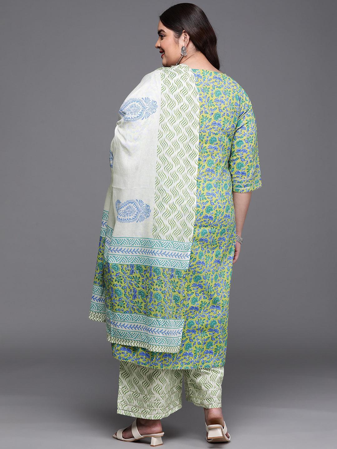 Plus Size Green Printed Cotton Suit Set