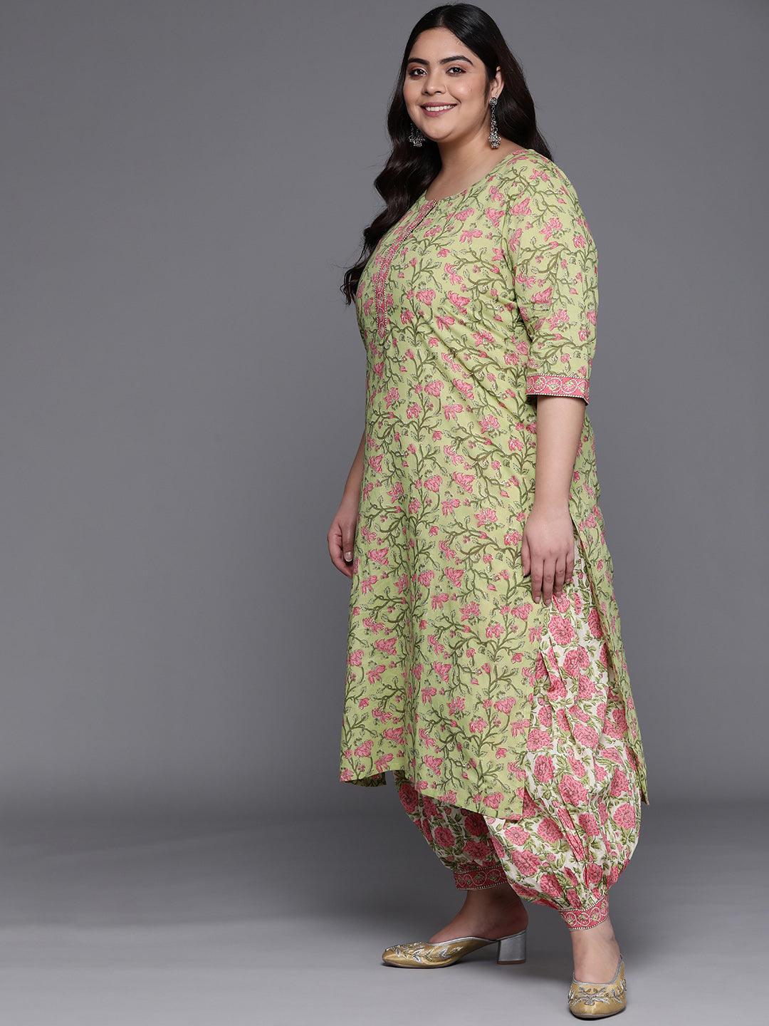 Plus Size Green Printed Cotton Suit Set