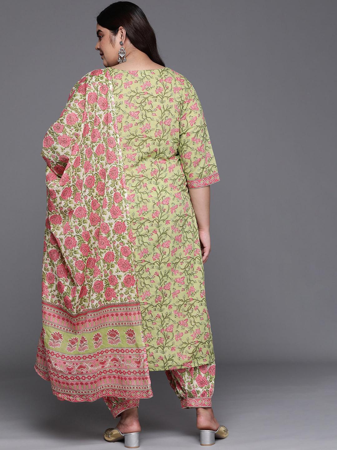 Plus Size Green Printed Cotton Suit Set