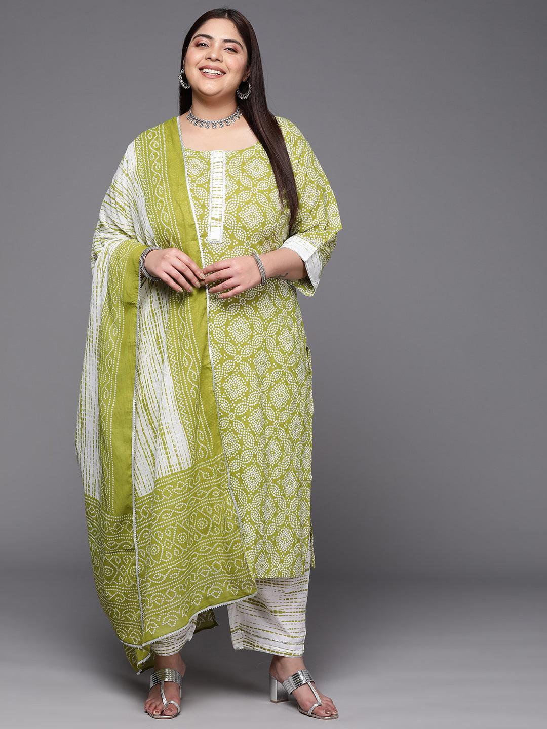 Plus Size Green Printed Cotton Suit Set With Trousers