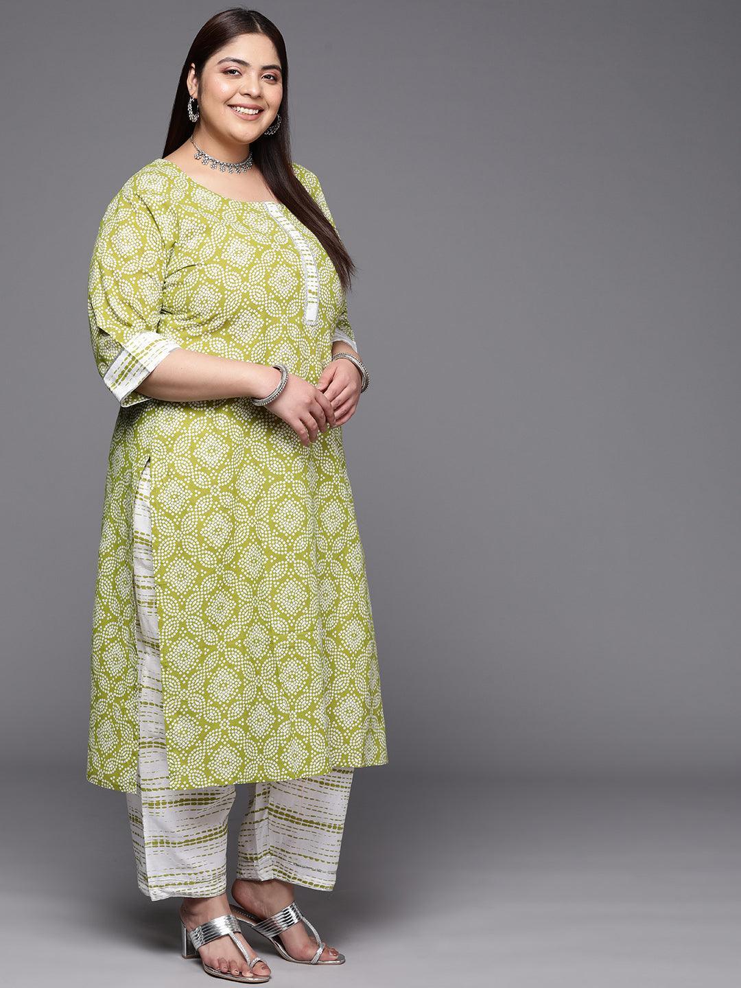 Plus Size Green Printed Cotton Suit Set With Trousers