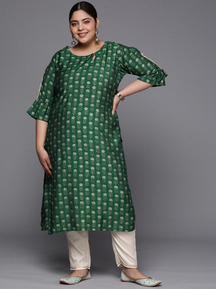 Plus Size Green Printed Silk Straight Kurta - ShopLibas