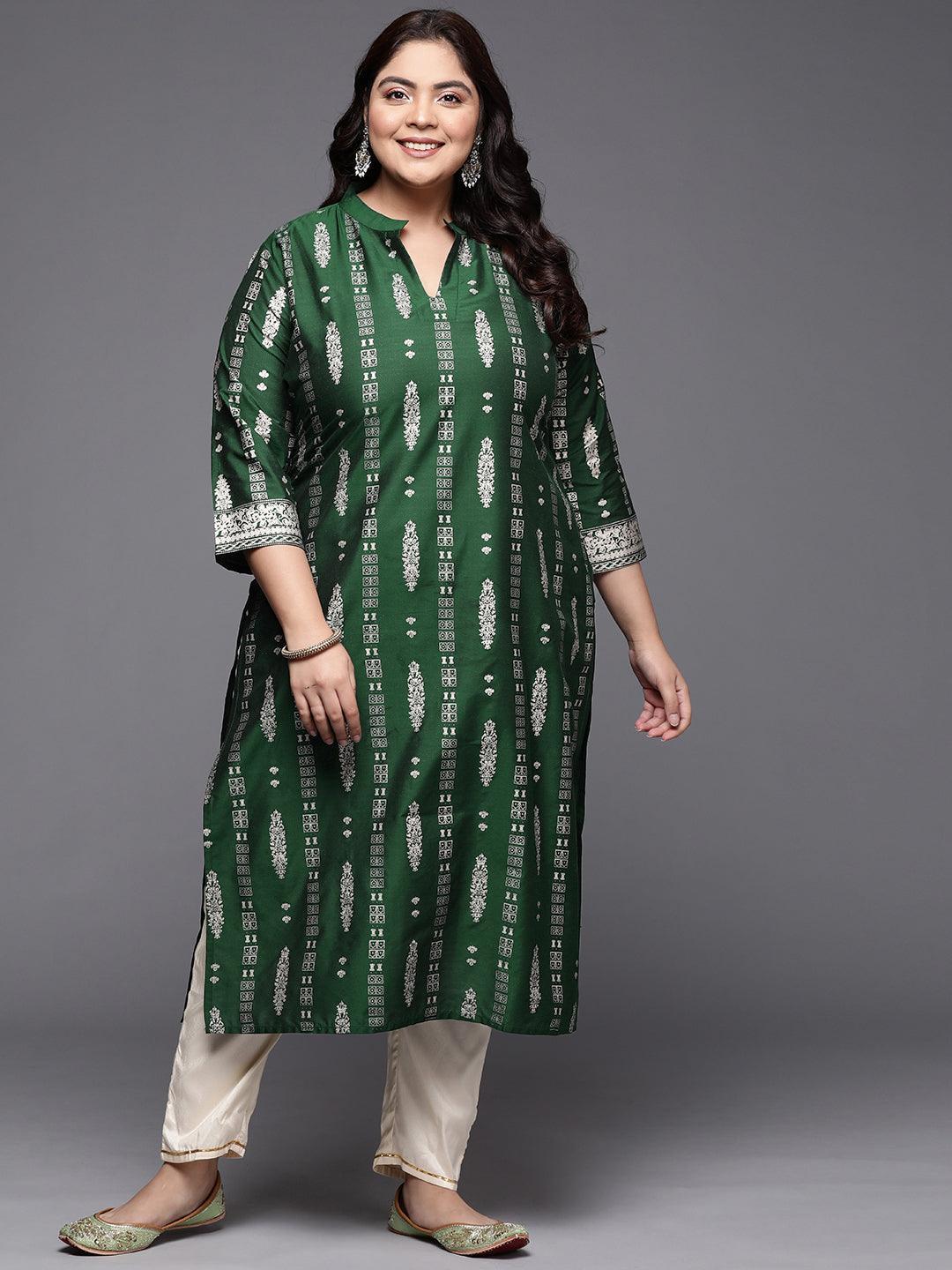 Plus Size Green Printed Silk Straight Kurta