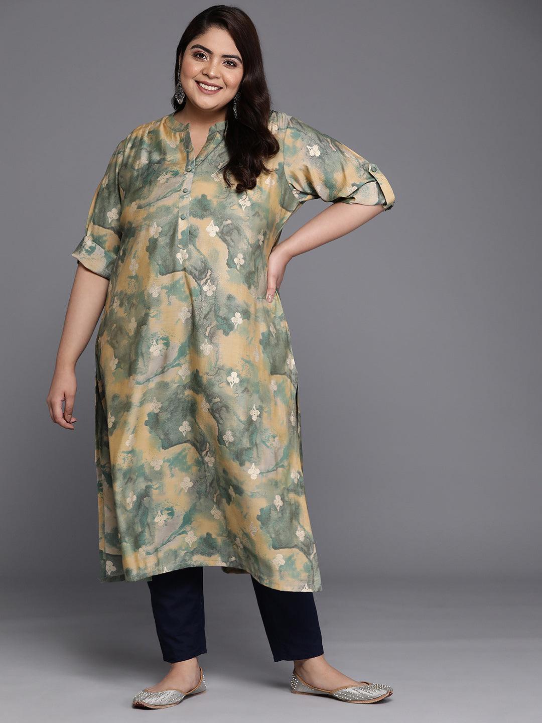 Plus Size Green Printed Silk Straight Kurta