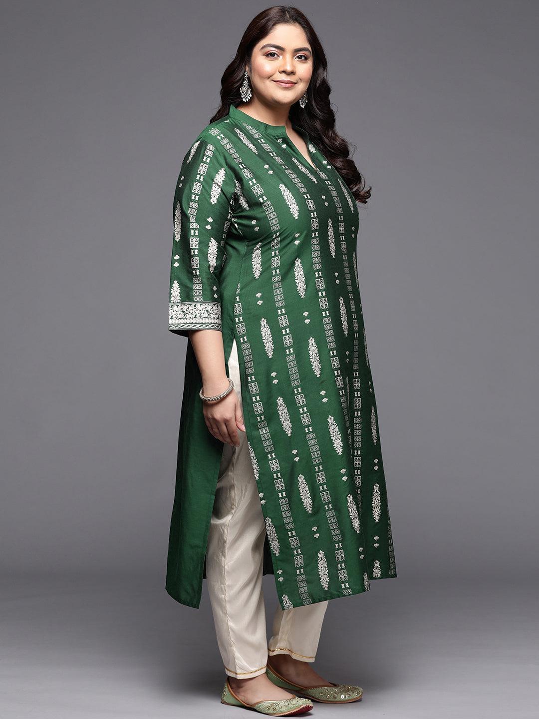 Plus Size Green Printed Silk Straight Kurta