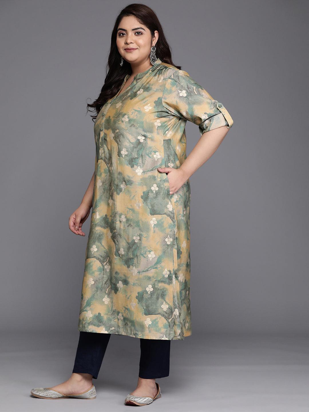 Plus Size Green Printed Silk Straight Kurta