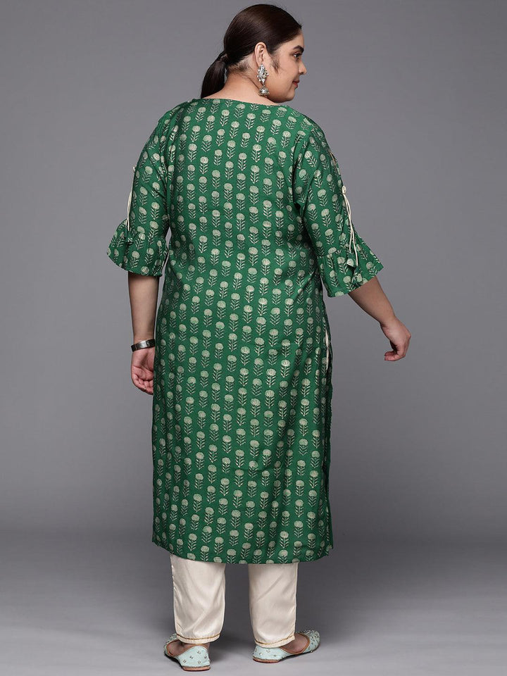 Plus Size Green Printed Silk Straight Kurta - ShopLibas