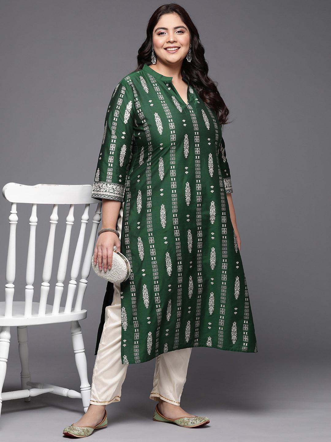 Plus Size Green Printed Silk Straight Kurta