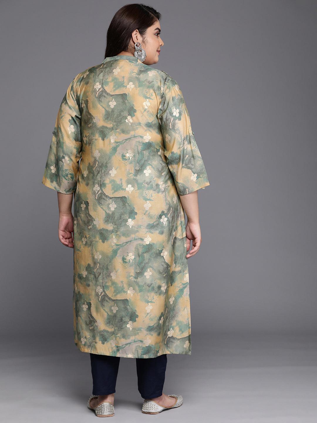 Plus Size Green Printed Silk Straight Kurta