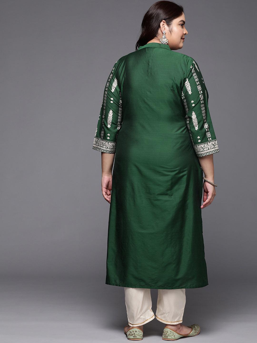 Plus Size Green Printed Silk Straight Kurta