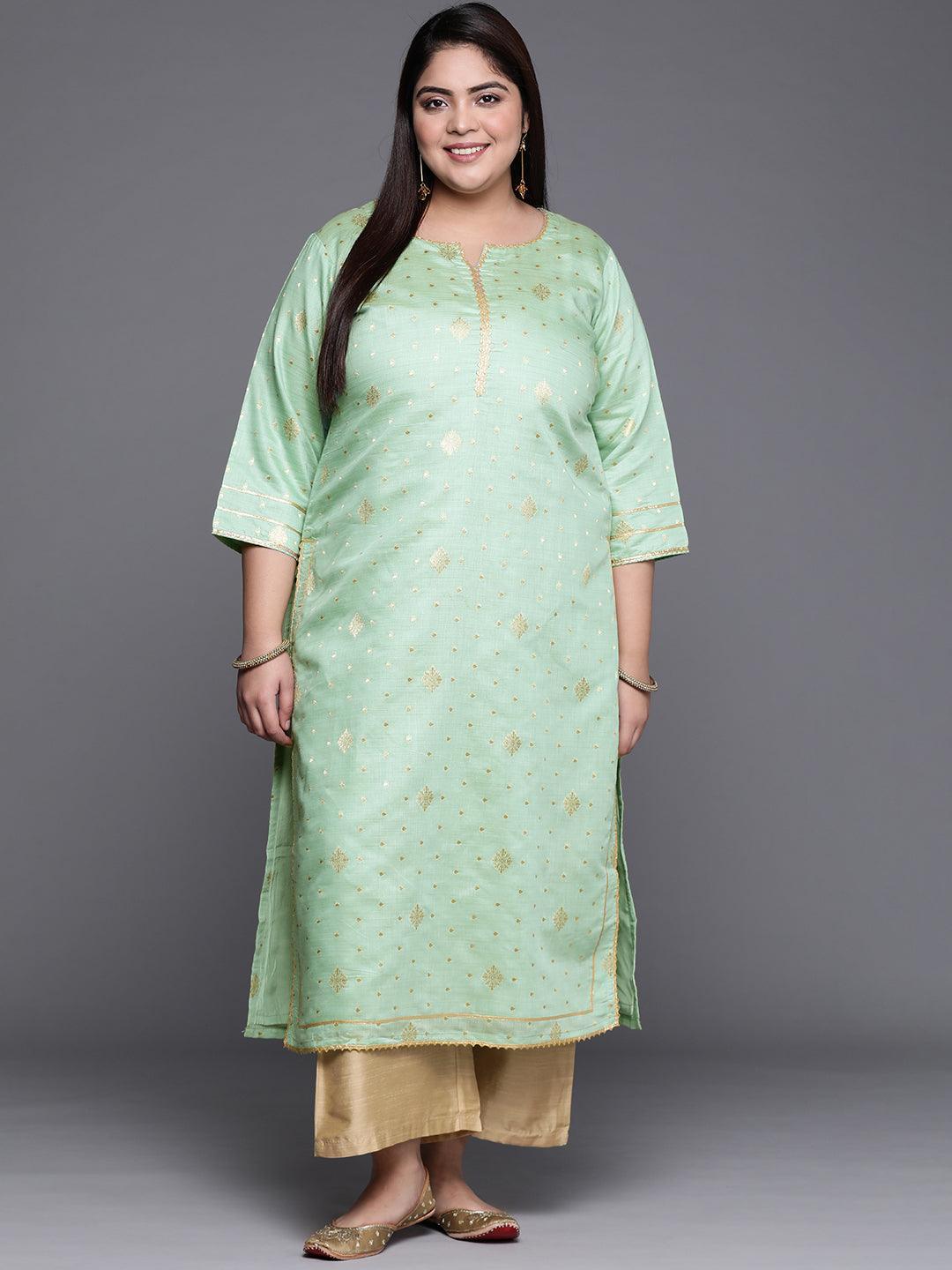 Plus Size Green Self Design Chanderi Silk Straight Kurta