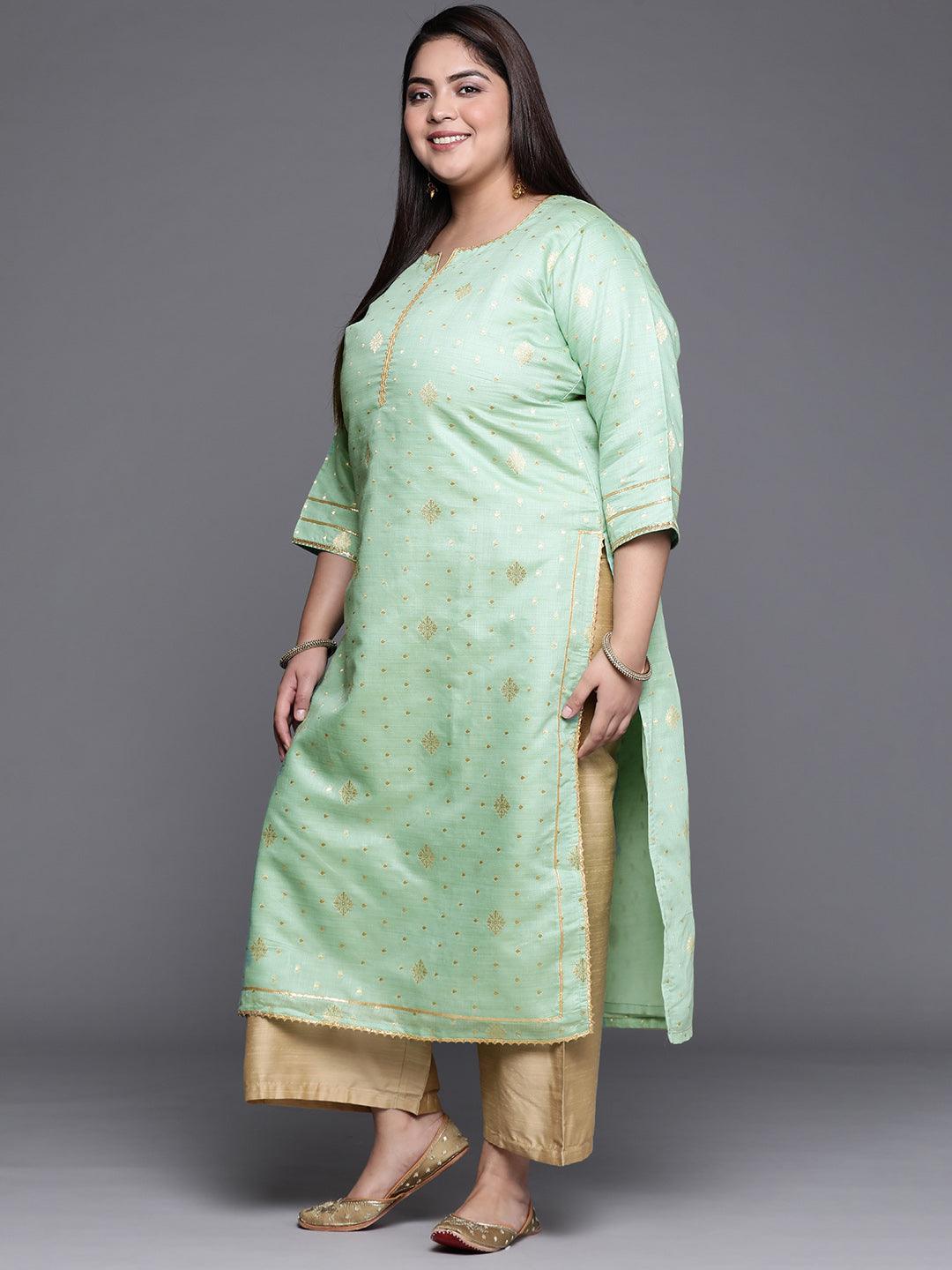 Plus Size Green Self Design Chanderi Silk Straight Kurta