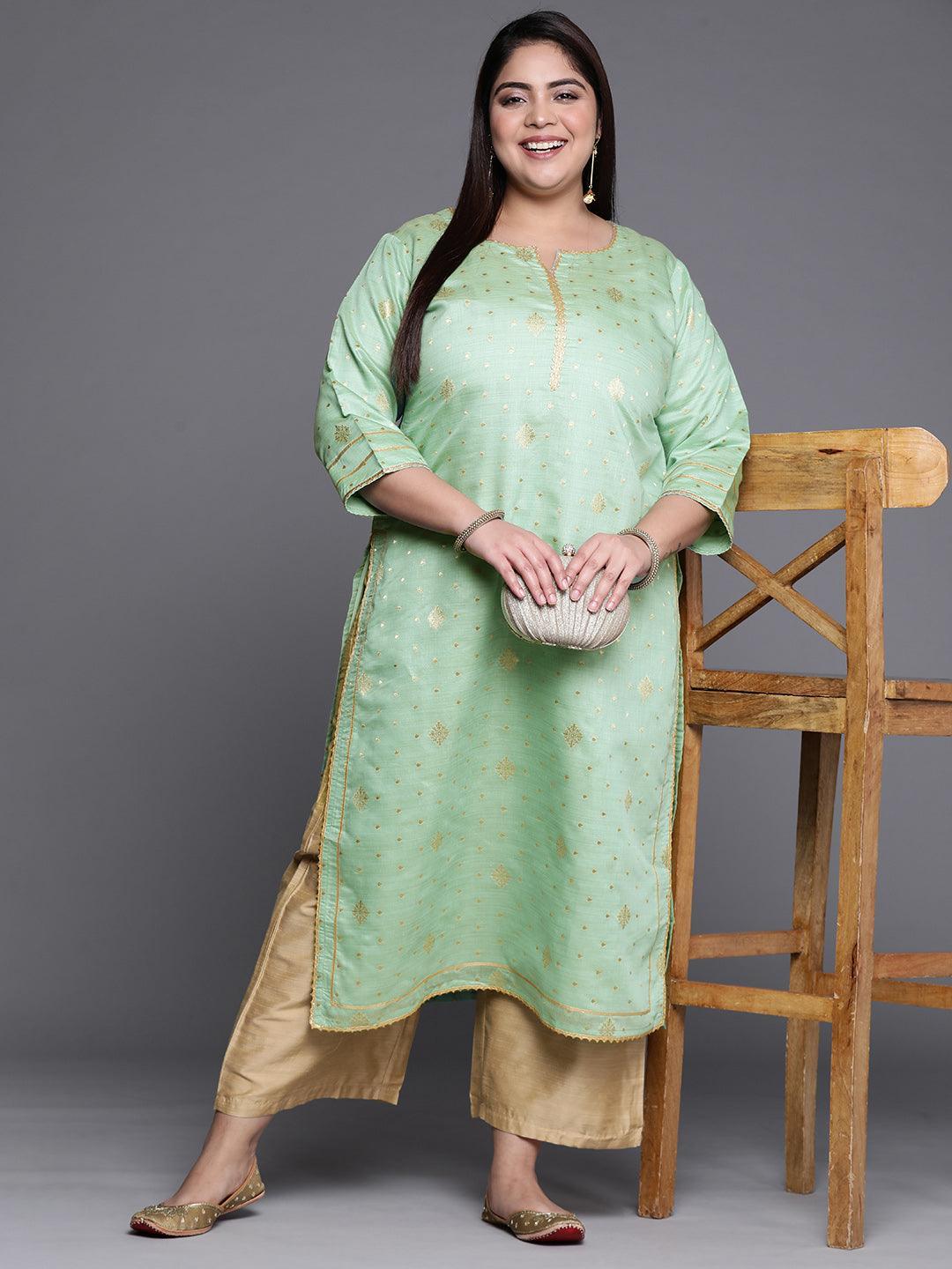 Plus Size Green Self Design Chanderi Silk Straight Kurta