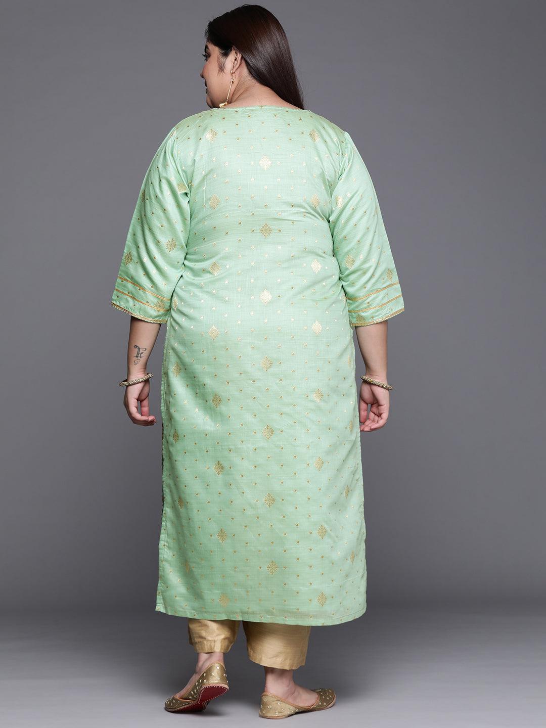 Plus Size Green Self Design Chanderi Silk Straight Kurta